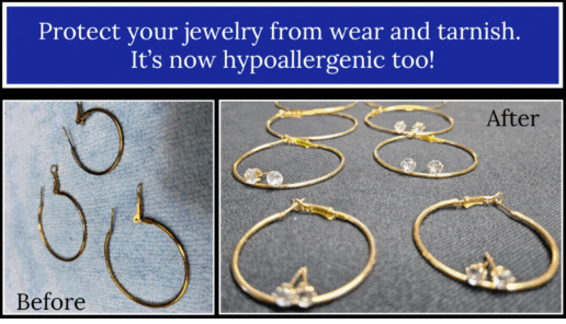 Before and after ProtectaClear coating on metal ring showing restored shine and protection